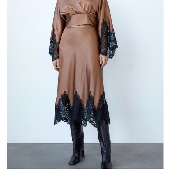 Zara Dresses & Skirts - Zara Elegant Brown Satin Skirt with Black Lace Trim size M
